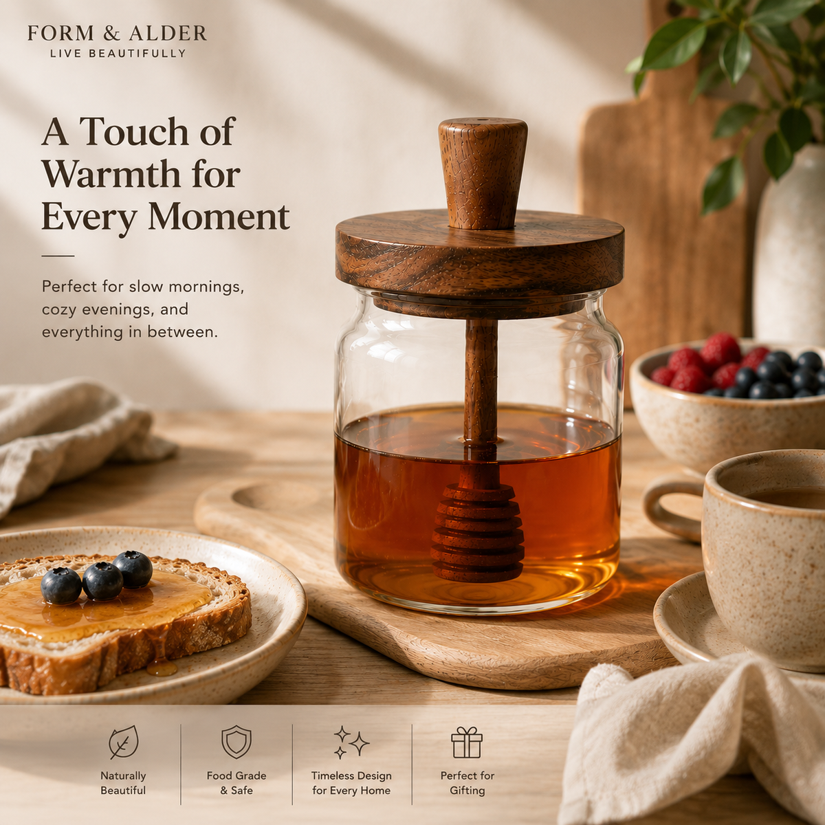 Honey Jar with Integrated Wooden Dipper